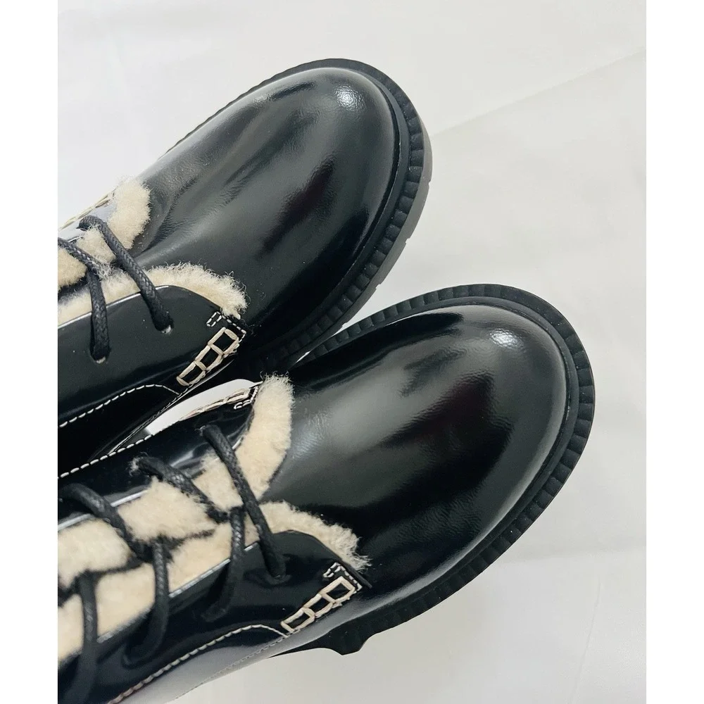 COACH Black High Shine Leather Shearling‎ Combat Booties Uniform Dress Shoes 5B - Picture 7 of 13